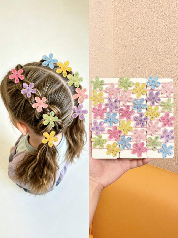 10/20/30pcs Girls Random Colorful Glitter 3D Flower High Elastic Hair Ties, Sweet Cute Versatile Daily Date Sports School Hair Accessories