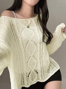 YCYC Autumn/Winter Hollow Out Long Sleeve Knit Sweater - White - View 4