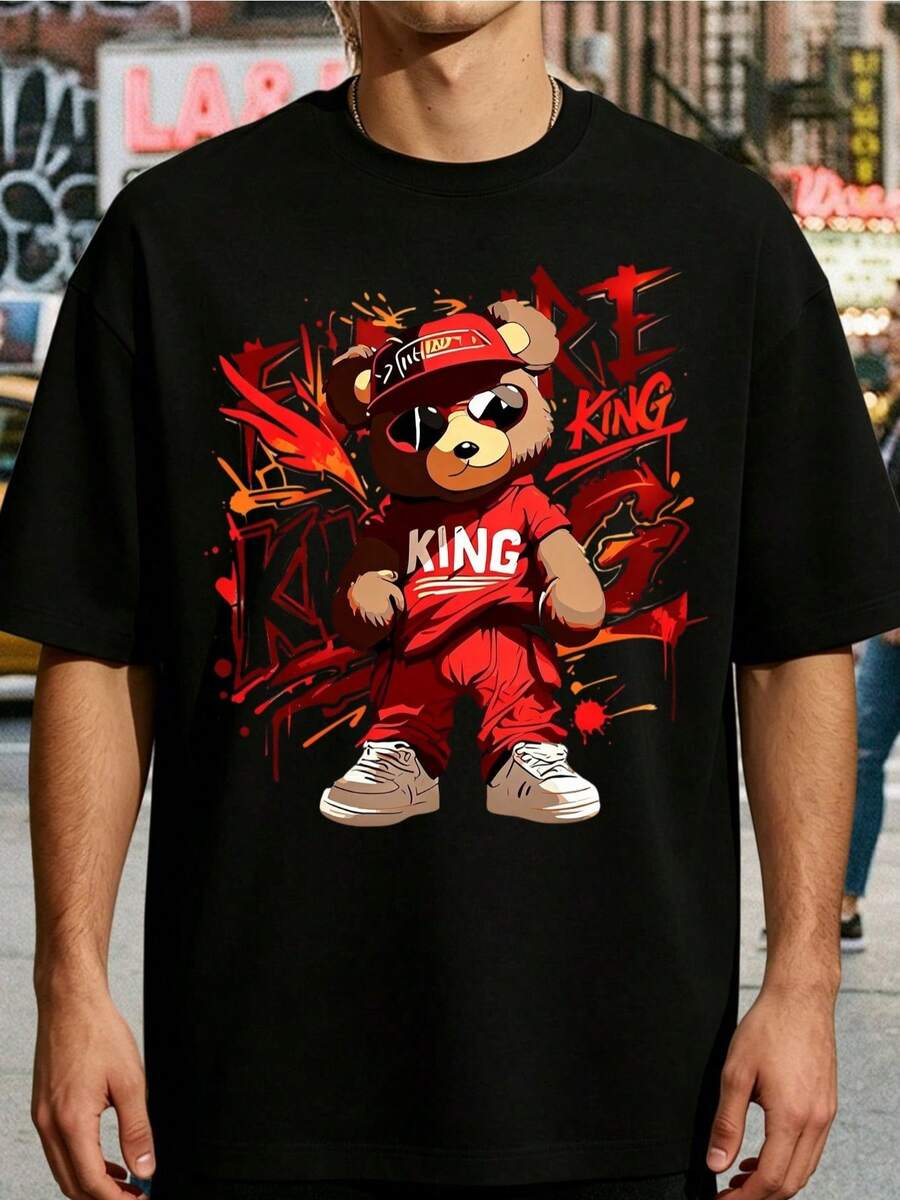 Men's Cotton T-Shirt, Soft And Breathable | Retro Hip-Hop Style Bear Pattern | Cool Urban Clothing Designed By King | Suitable For Daily Use - Black - View 1