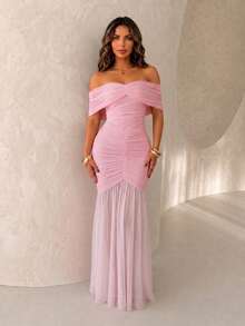 ChicMe Vestido largo con hombros descubiertos y drapeado, vestido de cóctel ajustado sin mangas con silueta de sirena para mujer - Rosa Pálido - Ver 2