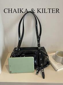 CHAIKA & KILTER 1件裝純色PU布料女款時尚波士頓保齡球肩背包，金屬孔眼裝飾，雙手把設計，拉鍊開合，適合日常與街頭使用 - 黑色 - 查看 4