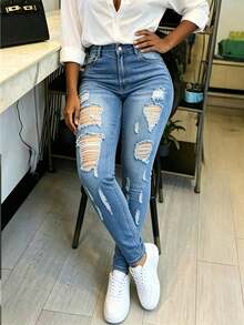 High‑Waist Stretch Skinny Ripped Butt‑Lifting Jeans For Women - Medium Wash - View 2