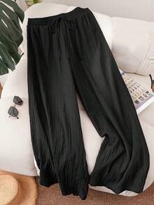 Women's Wide Leg Pants, High Waist Drawstring Elastic Waist Loose Pleated Wide Leg Pants, Casual Flowy Summer Long Pants - Black - View 9