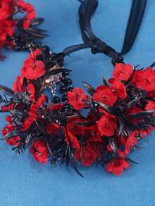 KOVLYNE 1pc Gothic Style Red & Black Floral Wrist Bracelet (With Ring), Vintage Rose Bracelet, Suitable For Halloween, Gothic Wedding, Prom And Cosplay - Black and Red - View 4