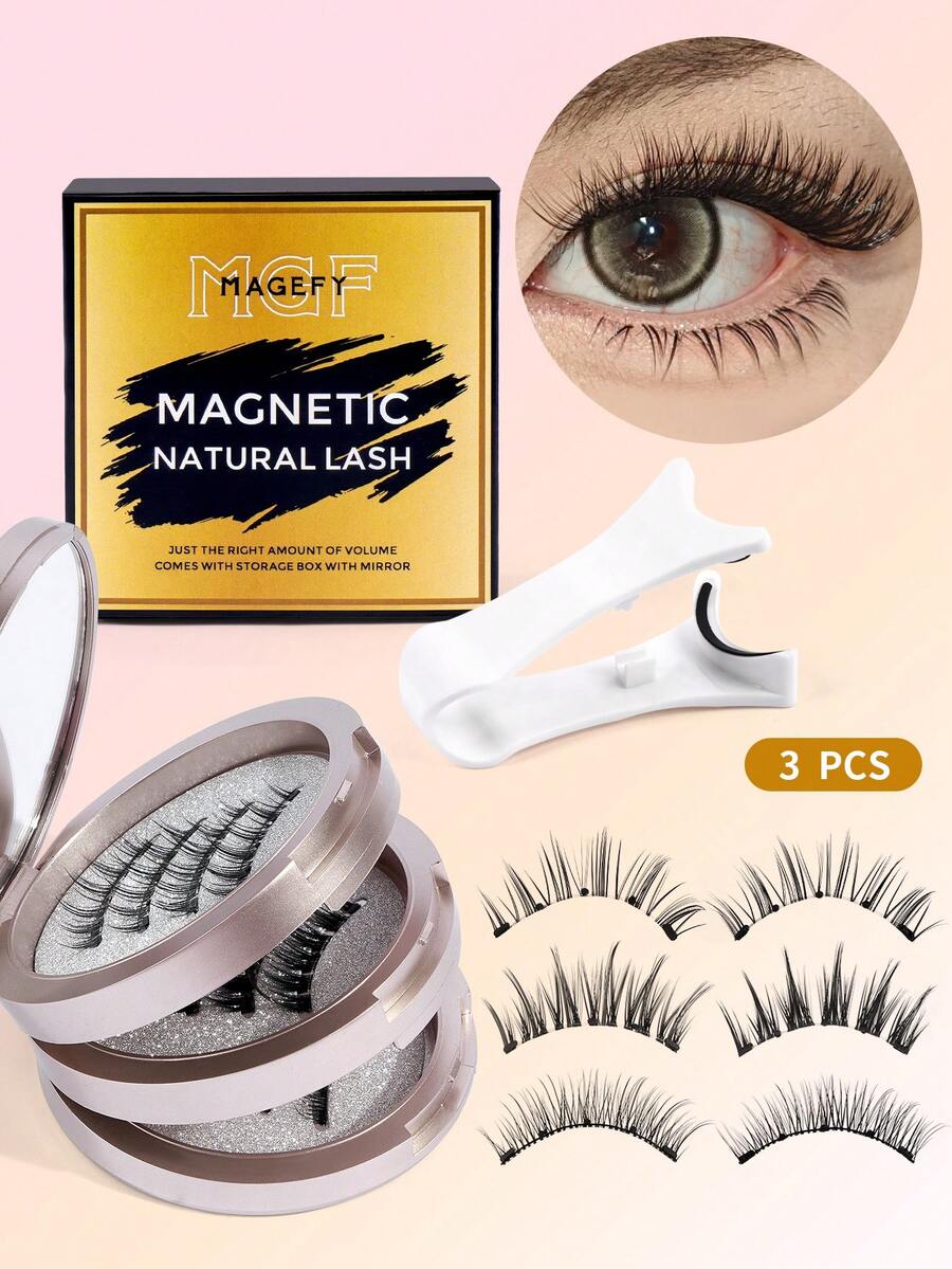MAANGE 3對CC捲度磁吸假睫毛套組，附貼睫毛器(5-14mm)，混款，免膠水，自然逼真可重複使用，仿貂毛材質，適合日常配戴，防水，卡通風格，放大眼眸，纖細長款，女性完美禮物。(可選5對動漫風睫毛)假睫毛