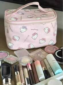 SANRIO Cute Pink Cartoon Print Handheld Storage Bag, 1/2 Packs, Large Capacity Canvas Zipper Cosmetic Bag, Portable Wash Bag For Travel, Vacation, Bathroom & Daily Storage - Multicolor - View 8