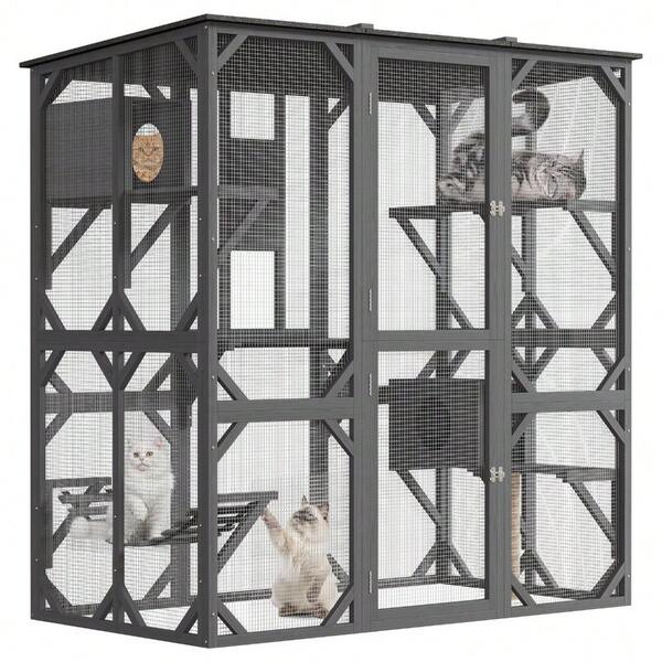 Extra-Large Multi-Level Outdoor Cat Enclosure For Patio Or Garden – Includes Window Access, Hanging Hammock, Scratching Post, Four Elevated Platforms, And Two Cozy Rest Boxes – Spacious Design Suitable For Multiple Cats – Easy Assembly Required