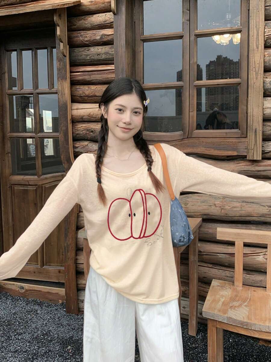 Kaos Lengan Panjang Bordir Apel Vintage untuk Wanita, Potongan Longgar, Pelindung Matahari Awal Musim Semi, Atasan Santai - Aprikot - View 1