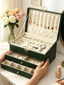 Caja de almacenamiento de joyas portátil de 3 capas, caja de regalo de joyas de cuero, caja de almacenamiento de escritorio con cajones, caja de almacenamiento apilable, caja de almacenamiento de joyas con cajones para tocador, adecuada para joyas, aretes, collares, pulseras - Joyero - Ver 4