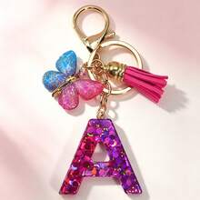 1pc English Alphabet Keychain, European And American Popular Charm Keyring With Butterfly Tassel Pendant Gift Souvenir Car Accessories Bag Charm School Cute Goth Y2k Gifts For Mother, Father, Graduation, And Teacher - Contrast Sequins - View 3