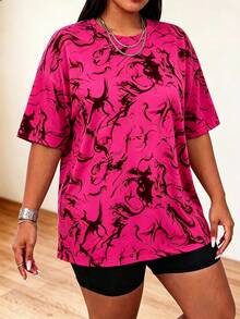 Speed mate Plus Size Women's Dark Pink Tie Dye T-Shirt,Summer Plus Size Colorful Round Neck Drop Shoulder Half Sleeves Knitted Fabric Patched Top - Rose Red - View 4