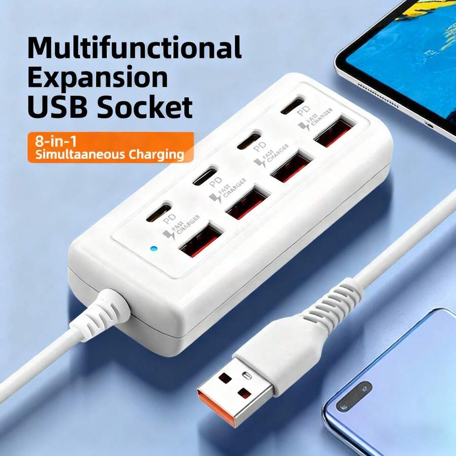 Hub Multi-Port 8-in-1: Satu Kabel Menghubungkan 8 Port (4 Port USB + 4 Port Type-C), Adaptor Daya Multi-Port Gaya Dock Pengisian Cepat PD