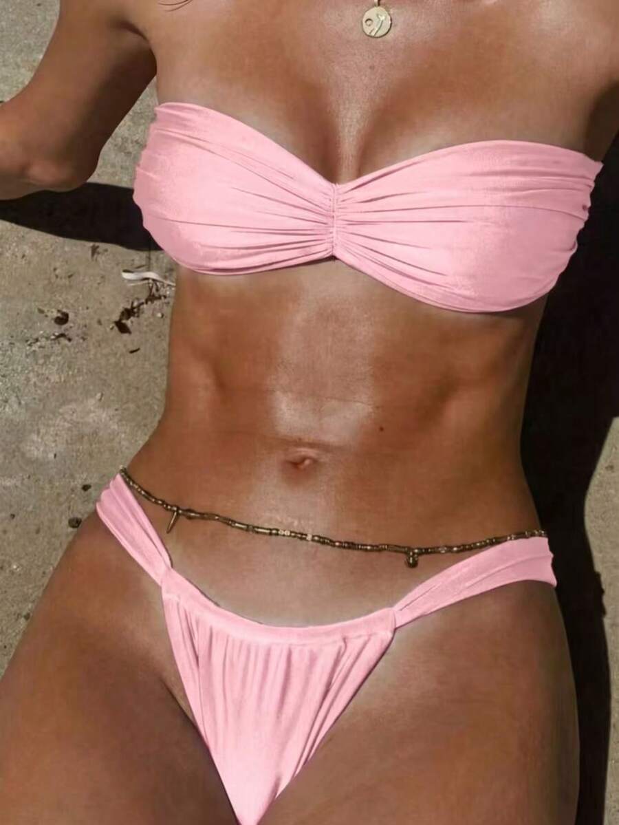 Conjunto de 2 piezas de playa elegante con volantes en el bajo y espalda descubierta, unicolor, vacaciones de verano en rosa - Rosa - Ver 1