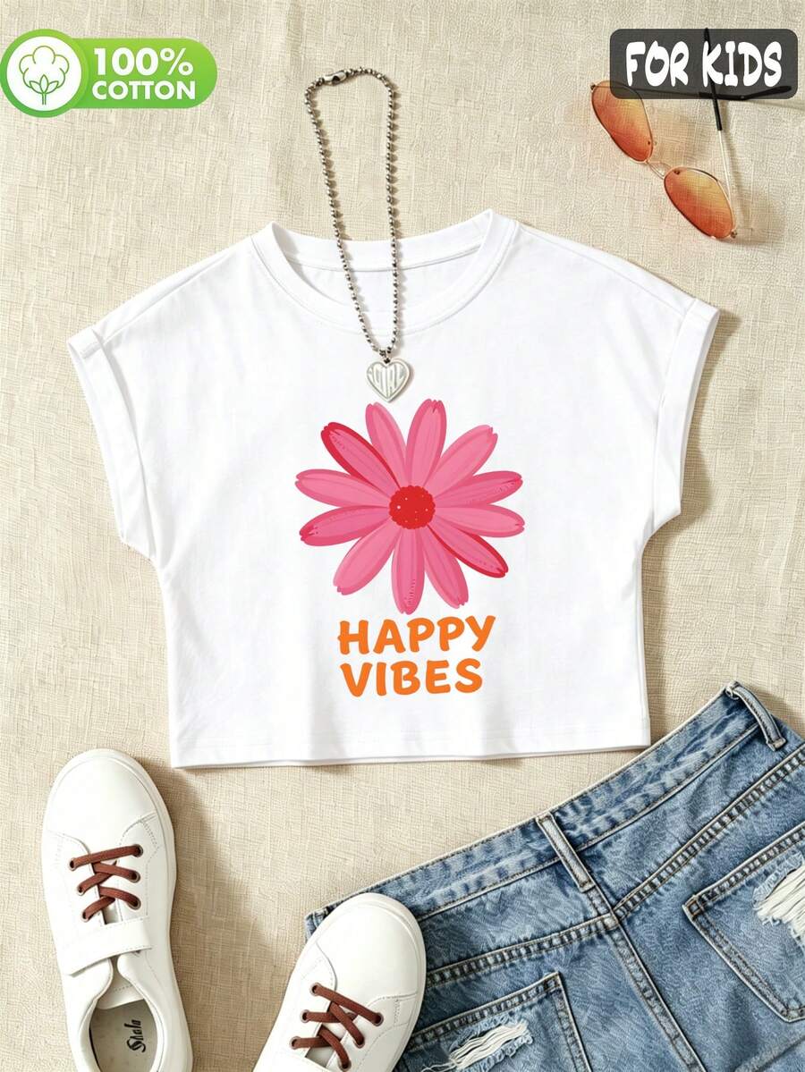 Girls 100% Cotton Drop-Shoulder Short-Sleeved T-Shirt With A Pink Daisy Print, In A Cute And Sweet Style - White - View 1