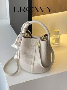 Women's Bucket Bag, Fashionable & Versatile Elegant Solid Color & Striped White Handbag With Scarf, Suitable For Shopping And Commuting, Includes Small Pouch - White - View 2
