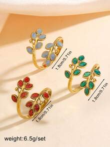 1pc Stainless Steel European & American Vintage Oil Drop Red/Green/Blue Leaf Open Ring, Suitable For Women's Daily Wear Or As A Gift - Multicolor - View 8