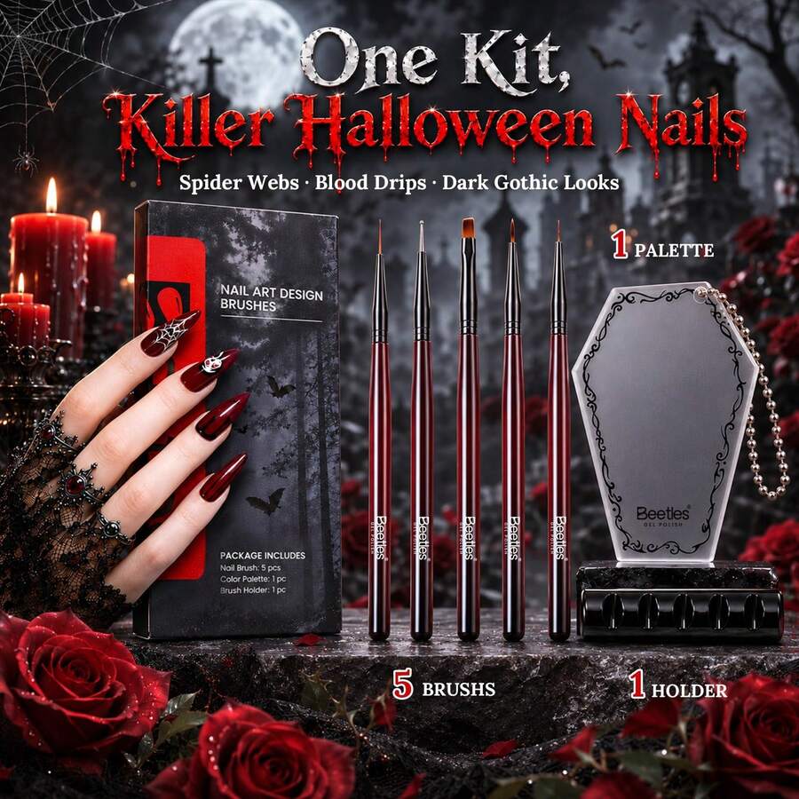 Beetles 5PCS Halloween Nail Art Brushes Set, Nail Liner Brushes With Dotting Tools, Holder & Palette For Gel Polish, Spider Web, Blood Drip & DIY Nail Art - 5Pcs Nail Liner Brushes, Dotting Tools - 查看 1