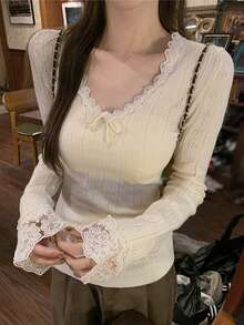 Women's Knitted V-Neck Long Sleeve Lace Base Layer Top, Korean Style, Early Spring Outfit - Apricot - View 4