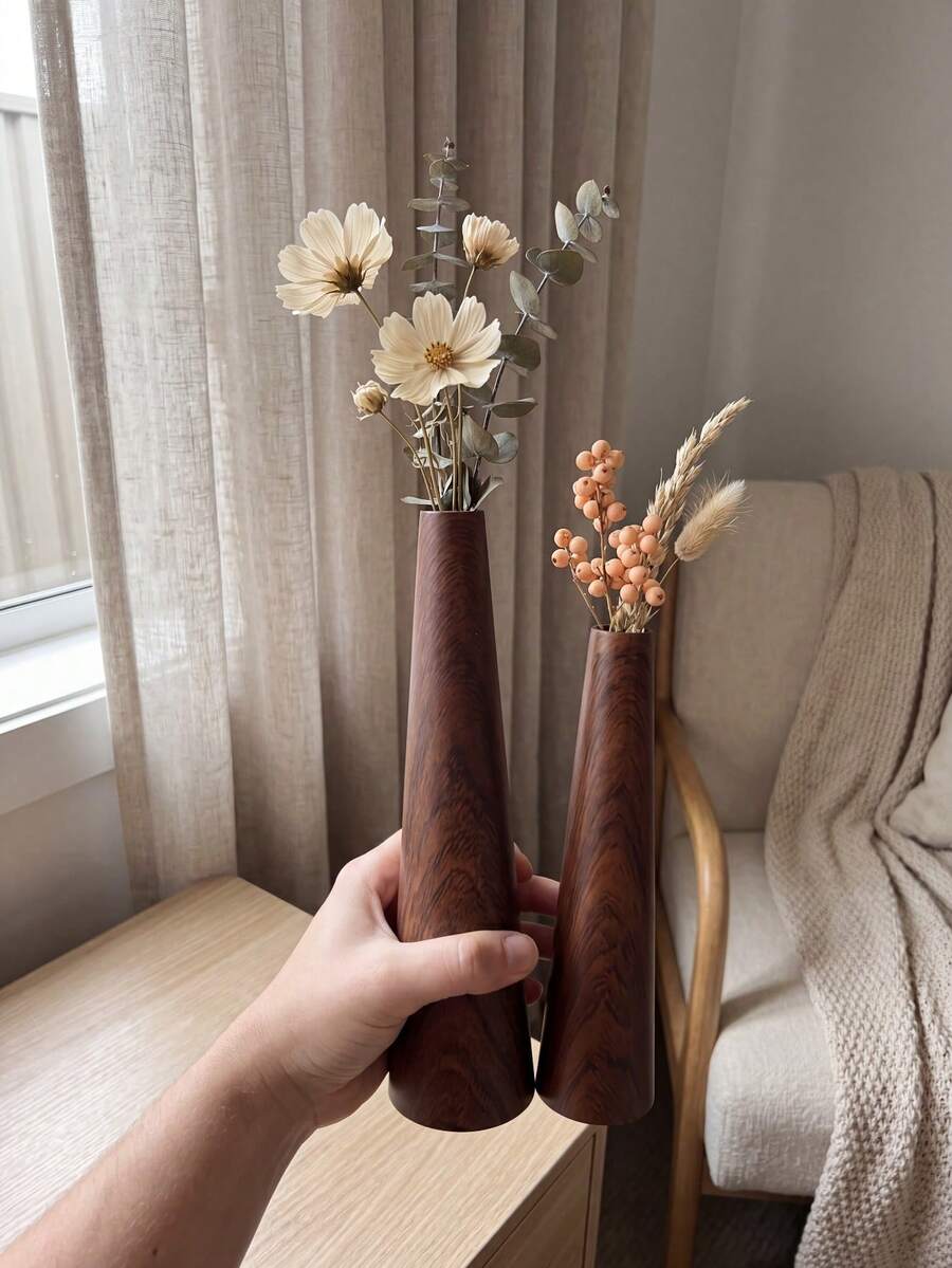 1套/1件仿木紋鐵藝花瓶+白色雛菊人造花套組，極簡北歐風，客廳玄關/茶室柔和裝飾擺件，高端氛圍花藝裝飾，居家辦公室客廳裝飾，客廳/玄關/桌面柔和裝飾擺件，高端小眾花瓶，臥室裝飾，不易碎花瓶 - 多款式 - 查看 1