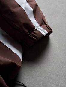 Functional Brown & White Stripe Patchwork Hooded Sports Jacket, Loose Casual Versatile Outdoor Coat - Brown - View 6