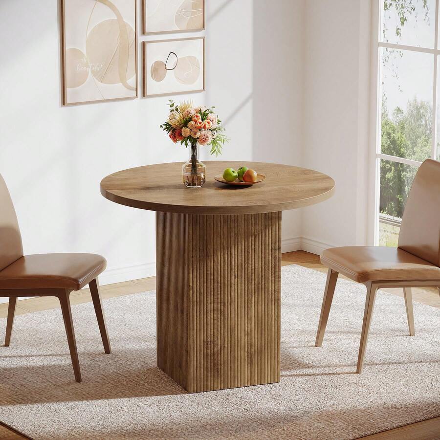 LITTLE TREE 80cm Brown 2-Seater Round Dining Table Ribbed Wooden Base Compact Kitchen Small Apartment Decor - Oak - View 1