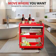 Crystals 3 Tier Rolling Tool Trolley Cart With Lockable Drawer, Steel Garage Storage Organizer With Wheels, Workshop Utility Service Cart 75kg Capacity - Red - View 3