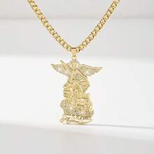 1PC Vintage Women's St. Michael Pendant Necklace, 14K Gold Plated Copper Pendant Inlaid With Zirconia, St. Michael Relief Symbolizing Peace And Protection Paired With Cuban Chain, Suitable For Christmas/Thanksgiving/Halloween/Mother's Day/Valentine's Day/Couples/Friends/Fellow Believers Gift, Catholic First Communion, Gift, Daily And Holiday Wear For Prayer - Yellow Gold - View 10