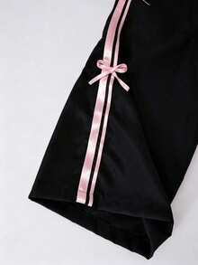 Tween Girls Heart Print Round Neck T-Shirt And Contrast Stripe Bow Decor Long Pants - Black - View 4
