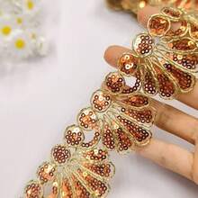 新款橘金色扇形亮片網紗刺繡蕾絲飾邊，洋裝裙襬飾邊配件 - 橙金色 - 查看 3