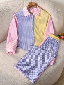Left Mama Tween Girl Sweet Striped Patchwork Bow Decor Long Sleeve Top And Straight Leg Pants Set, Spring/Autumn - Multicolor - View 2