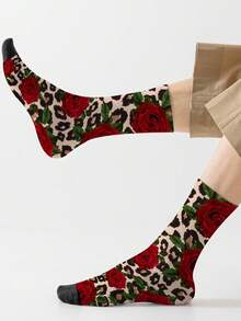 1 Pair Leopard & Red Floral Pattern 360° All-Over Print Fashion Novelty Socks - Multicolor - View 6