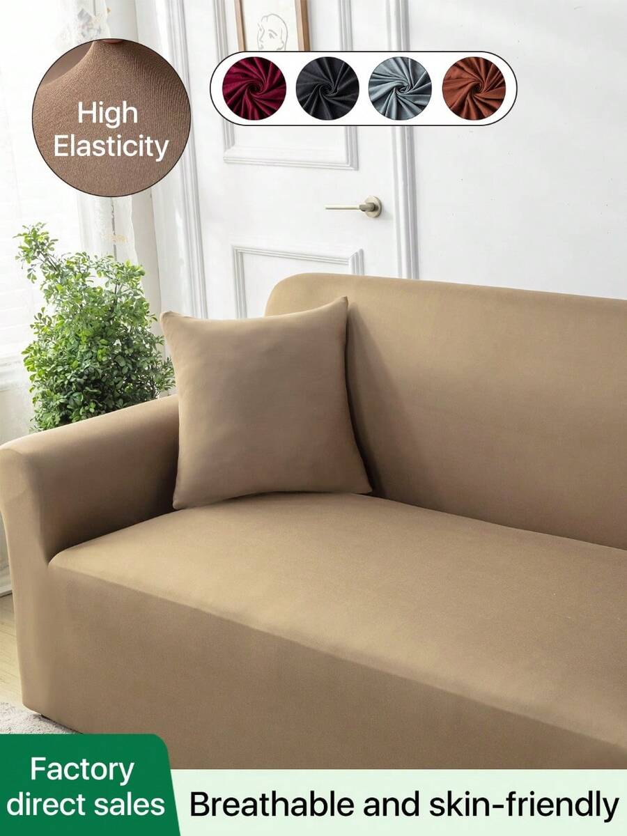 Solid Color Elastic Milk Silk Sofa Cover, All-Season Universal Dust-Proof Combination Sofa Slipcover, Comes With 1 Matching Pillowcase - Burgundy - View 1