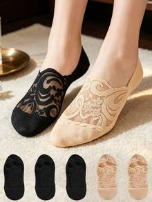 chuanwa（2） 1/5/10 Pairs Sheer Floral Lace Low Cut Invisible Socks Trim Breathable Thin Mesh Anti-Slip Hidden Foot Liners Women Comfort No Show Socks For Flat Shoes - Multicolor - View 3