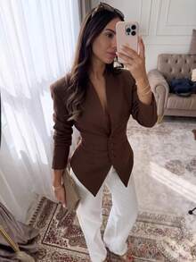 Women's Autumn Deep V-Neck Stand Collar Slim Fit Blazer, Single-Breasted Asymmetrical Hem Long Sleeve Commuter Jacket Brown - Brown - View 6