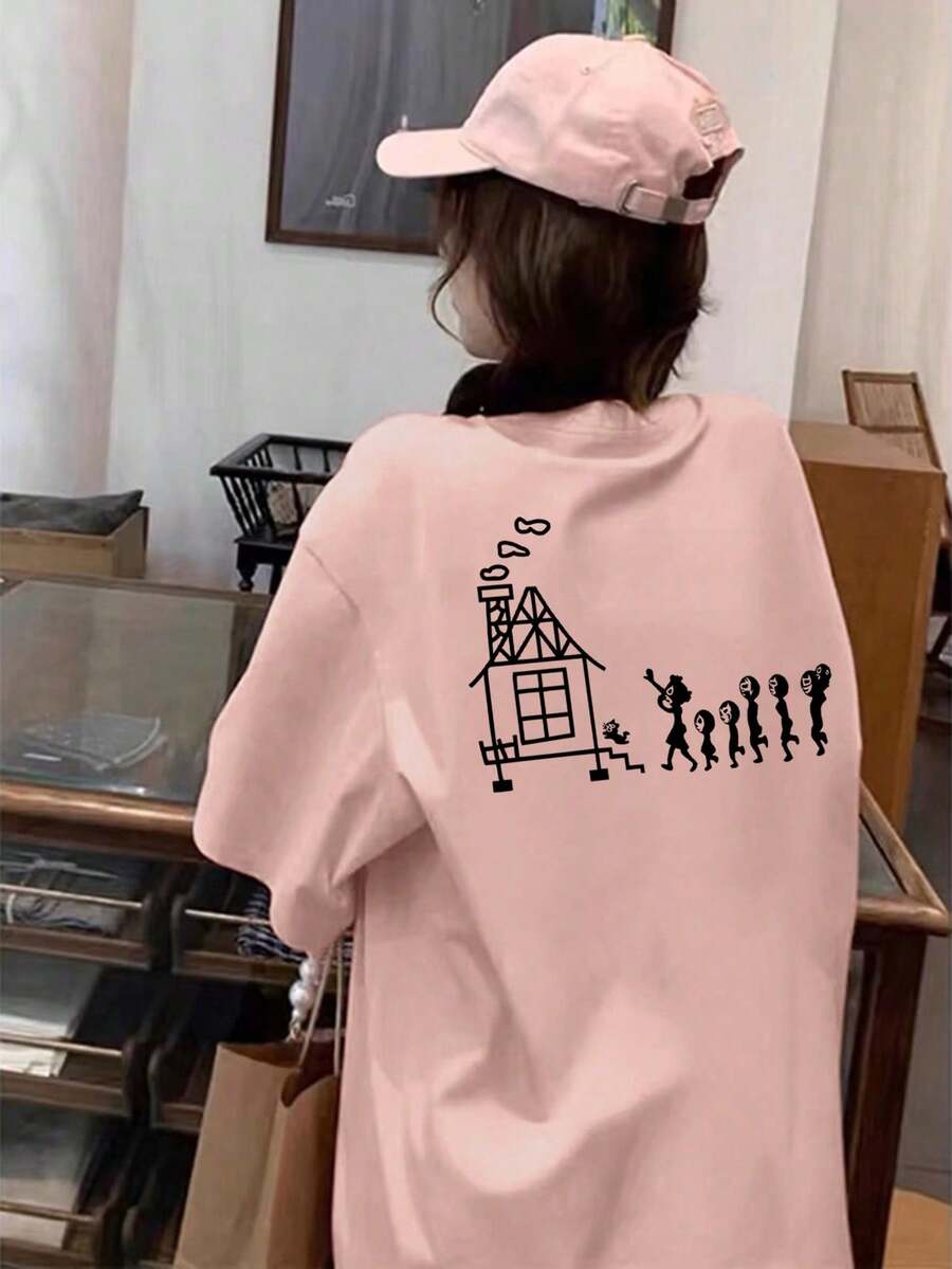 女士休闲宽松圆领卡通印花短袖T恤,春夏百搭 - 淺粉色 - 查看 1