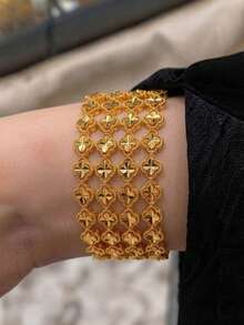 4 Peças Pulseira Banajer com Trevo Entalhado em CNC Banhada a Ouro 21K, Pulseira Feminina de Metal Texturizado Facetado, Joias de Casamento de Noiva de Dubai e Arábia Saudita - 01 - Visão 3