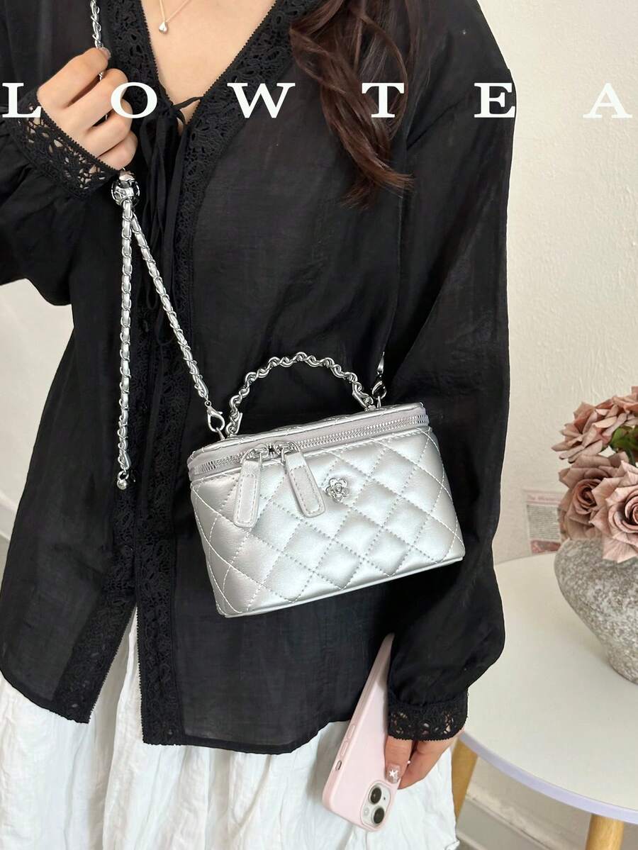 Low Tea 1pc Solid Color PU Fabric Handbag, Women's Fashion Mini Box-Shaped Top Handle Design, Zipper Closure, Vegan Leather Purse, Clean Girl