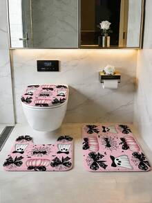 1/3/4 piezas Juego de baño de Halloween con lazo rosa, calabaza y fantasma, incluye cortina de ducha, alfombra de baño en forma de U, alfombra antideslizante, tapa de inodoro y 12 ganchos. Resistente al moho, tela de poliéster, tamaño de la cortina de ducha (72"X72", 35.4"X72", 47.2"X72", 59"X72") y juego a juego, decoración de baño, vacaciones, esencial de viaje. - Serie de Halloween - Ver 7