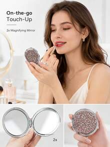 1 chiếc gương trang điểm gấp gọn cầm tay đính đá pha lê, gương tròn hai mặt phẳng và phóng đại, gương mini nhỏ gọn độ nét cao, đồ dùng du lịch thiết yếu, gương đi học - Nhiều màu - Xem 4