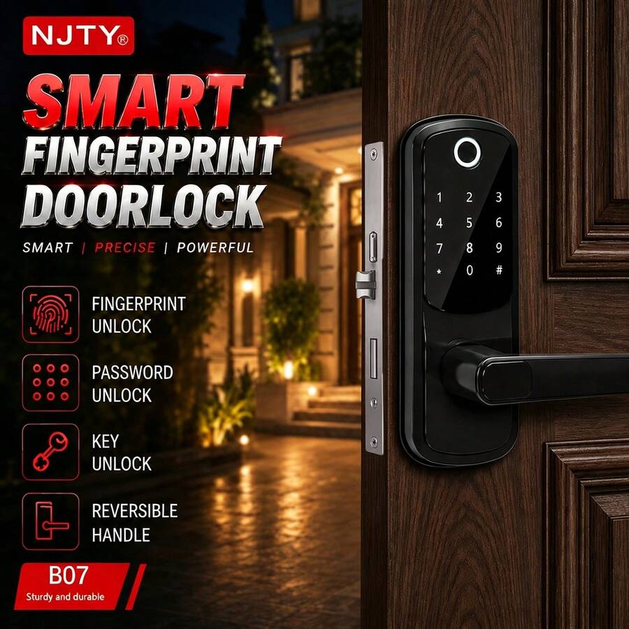 1 pieza Cerradura inteligente de huella dactilar 5 en 1 NJTY con manija, entrada sin llave con teclado, control por aplicación, código de acceso táctil, llavero, llave mecánica, bloqueo automático, palanca reversible para puerta principal, apartamento, hogar y oficina - Multicolor - Ver 1