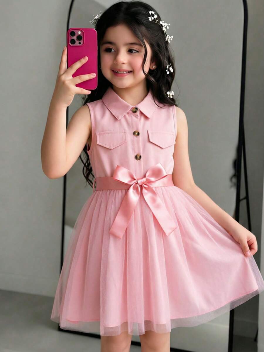 Young Girl Solid Color Sleeveless Collared Mesh Dress With Waist Belt - Pink - View 1