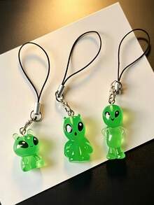 1pc Glow-In-The-Dark Green Alien Phone Lanyard, Cute Mini ET Alien Pendant, Ins Style Unique Niche Accessory - Multicolor - View 3