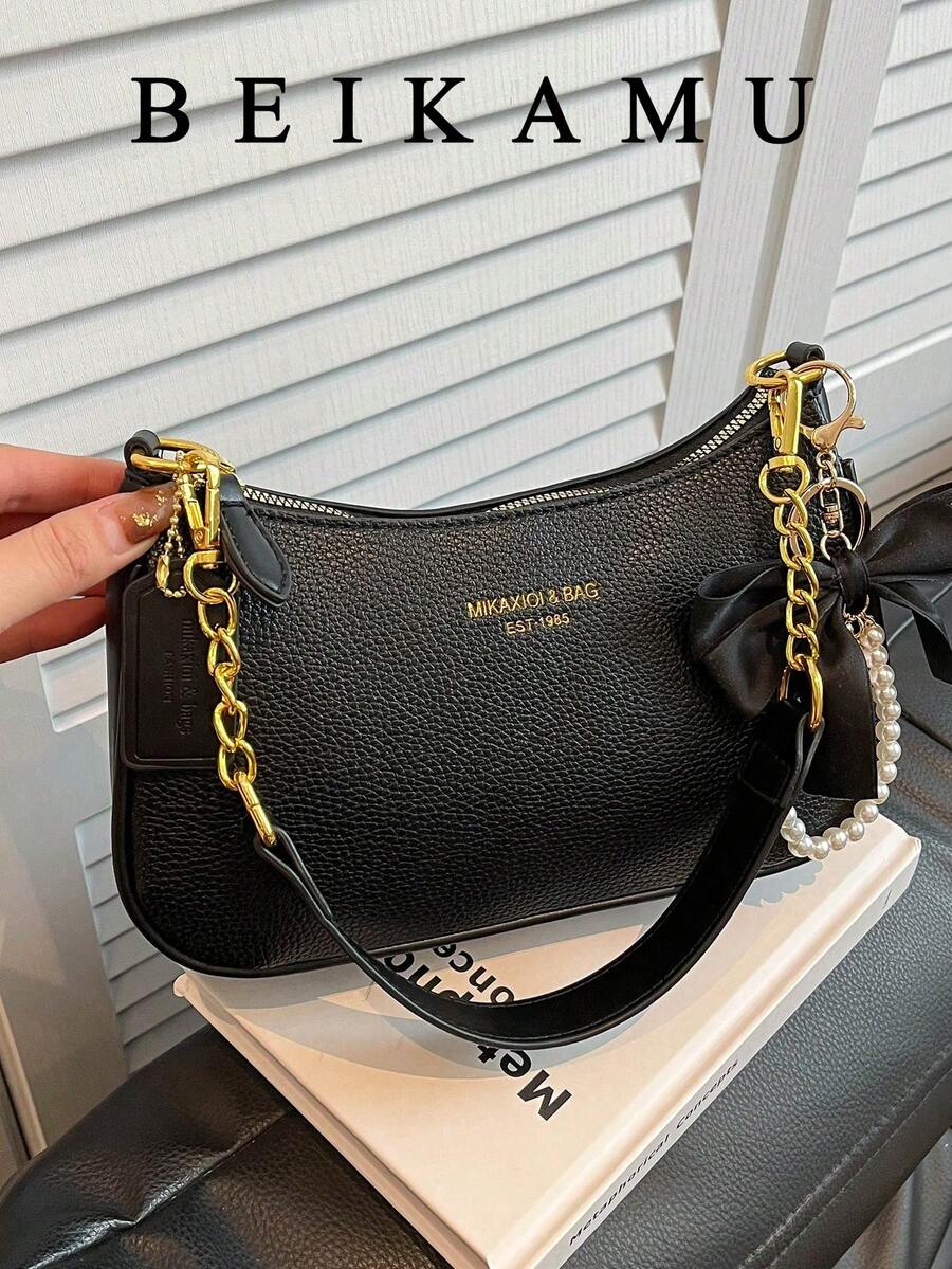 1pc Women's Solid Color PU Shoulder Bag, Versatile Underarm Bag For Work Commute, Adjustable Strap Crossbody Bag, Comes With Elegant Bow Decor - Black - View 1