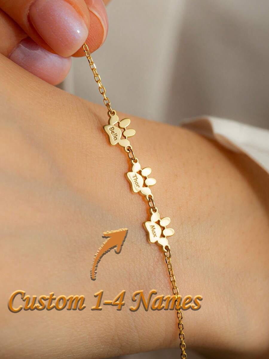 Engraved Name Paw Print Bracelet, Custom Pet Memorial Jewelry, Dog Or Cat Paw Print Gold