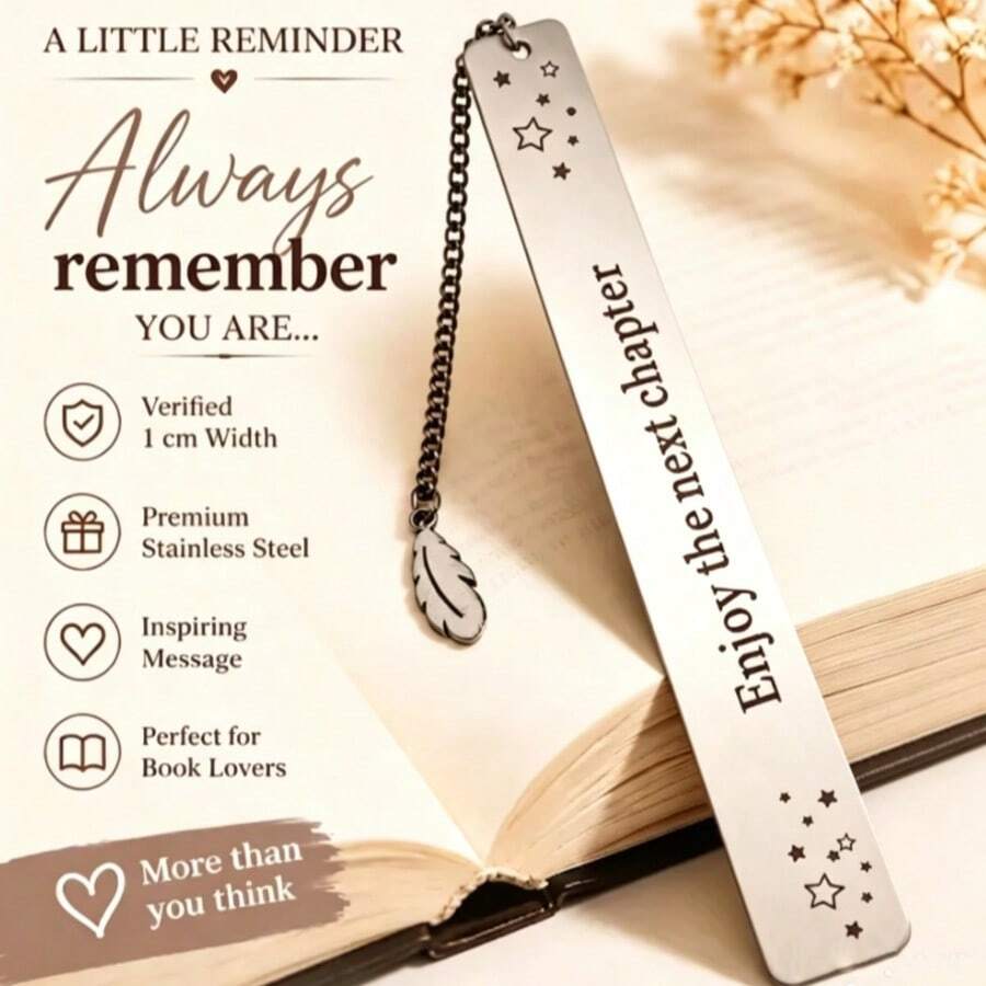 1pc Star & Feather Pendant Inspirational Engraved Stainless Steel Bookmark, English Healing Quote Page Marker, Student Graduation Gift, Artistic Metal Bookmark - Rectangle - View 1