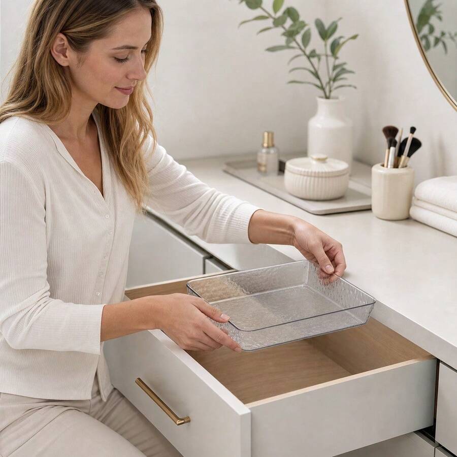 26.8x18.4x4cm Clear Plastic Rectangular Tray Organizer, Makeup Vanity Drawer Storage Bin, Desktop Sundries Holder, Modern Minimalist Stor... - A - View 1