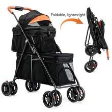 Foldable 2-In-1 Pet Stroller For Cats & Small Dogs – Lightweight 4-Wheel Trolley With Adjustable Canopy, Breathable Mesh Panels, Storage Compartment & Included Carry Bag – Compact Design For Walks, Travel & Outdoor Adventures (Black) - 單層附收納籃 - 查看 11
