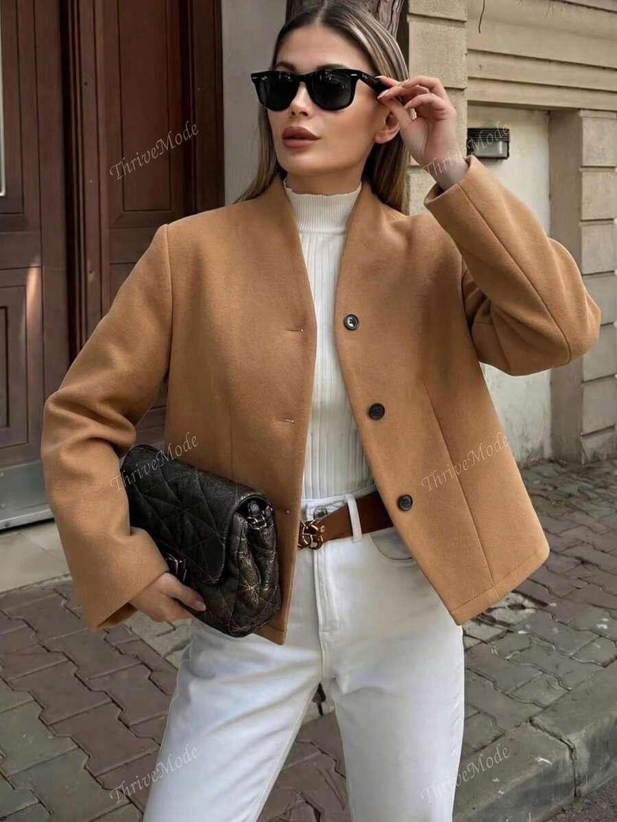 Women's Solid Color Double-Faced Wool Baseball Jacket, Elegant Lightweight Basic Casual Style Fall - Mocha Brown - View 1