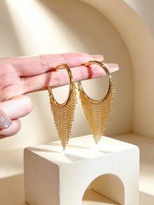 JOJELOO 1 Pair Fashion Large Hoop Metal Ring With Layered Bead Tassel Earrings, Long Tassel Teardrop Shape Tassel Earrings, Wedding Accessories - Earrings - View 2