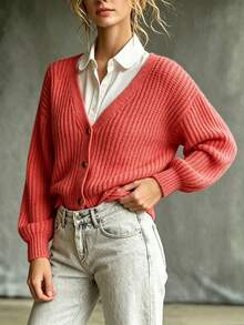 Women's Ruffle Collar Fabric-Covered Button Lantern Sleeve Loose Knit Cardigan – Simple Casual Versatile Fall Winter Daily Wear Sweater - Hot Pink - View 2